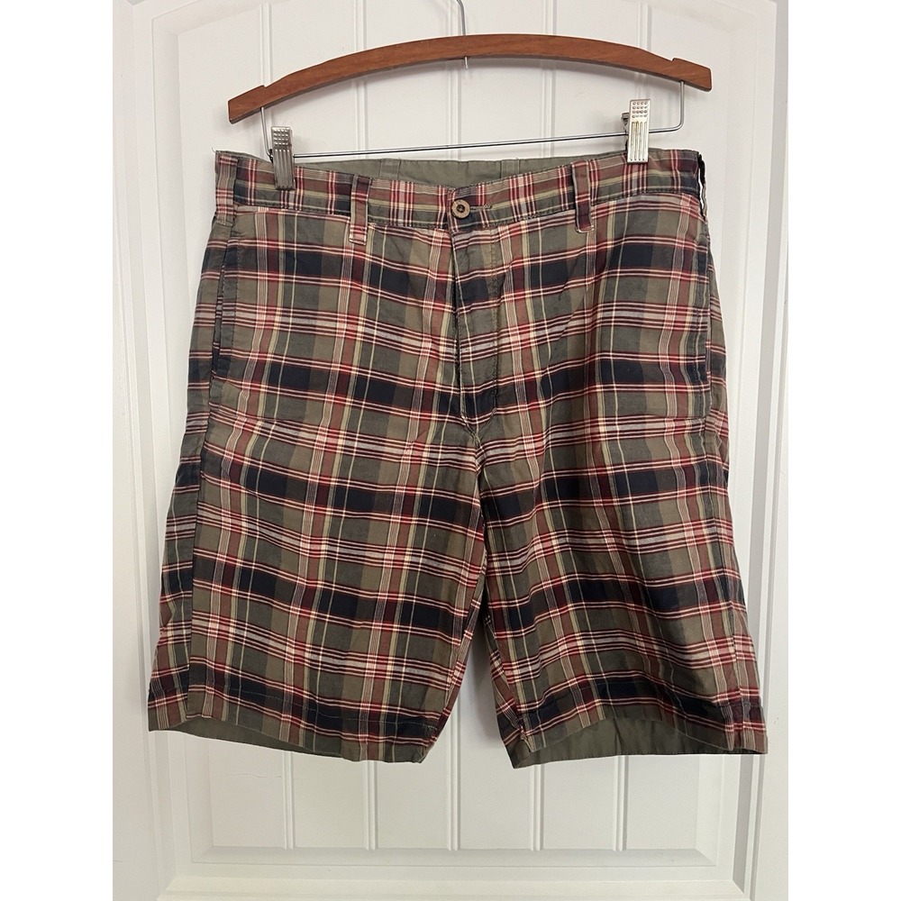 Tailor Vintage Indian Madras Reversible Shorts Mens 32 Olive Plaid Chino 753